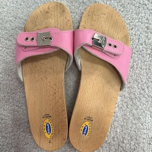 Vintage Dr. Scholl’s Wooden Shoe Leather Strap Pink Rare Excellent Condition